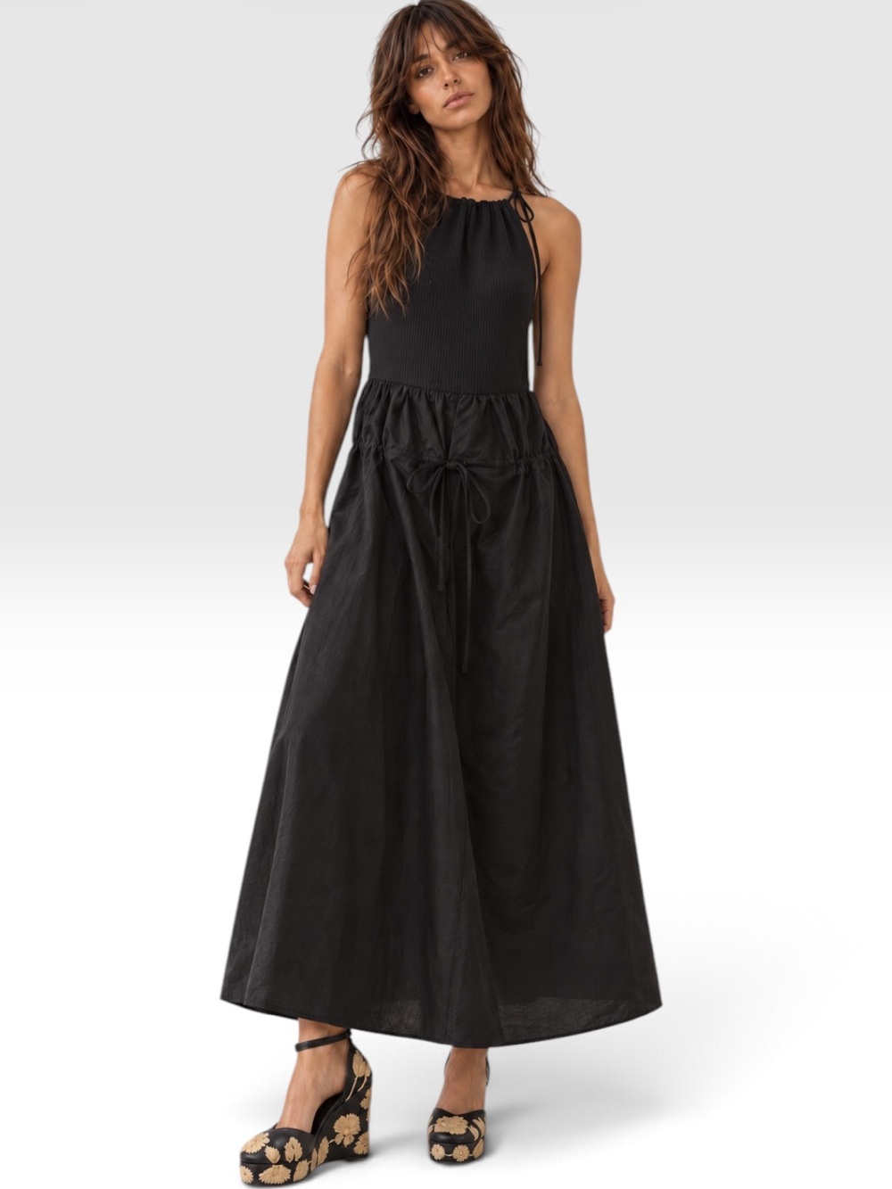 ASOS Drop Waist Parachute Maxi Dress High Neck Tie Shoulder Casual Black 6